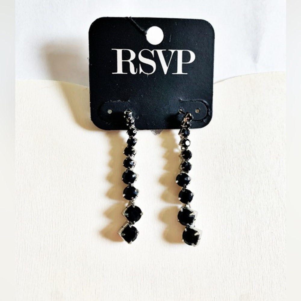 RSVP New Black & Silver Linear Drop Dangle Earrings with Faceted Beads